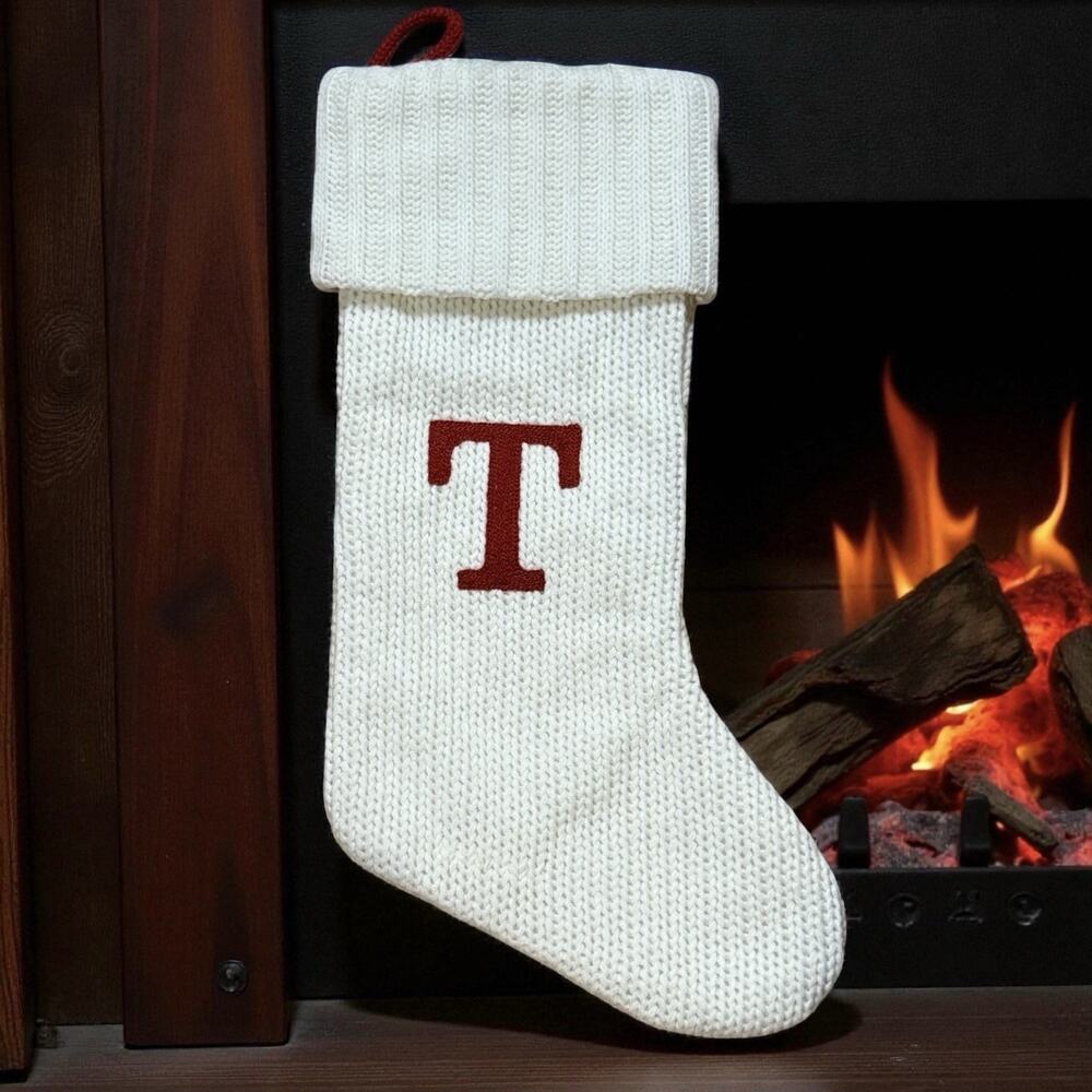 Wondershop Monogram Christmas Stocking Letter T Initial Ivory Red Knit Target